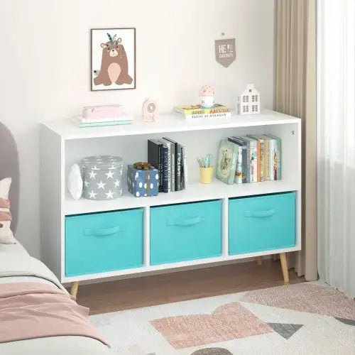 Fiberboard Children’s Bookshelf With Foldable Fabric Drawers - WhiteBlue - 5