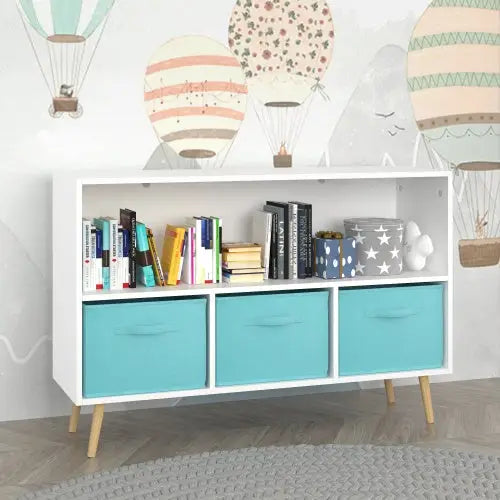 Fiberboard Children’s Bookshelf With Foldable Fabric Drawers - WhiteBlue - 5