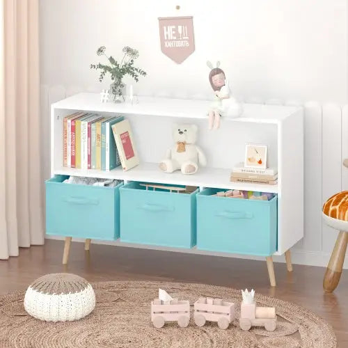 Fiberboard Children’s Bookshelf With Foldable Fabric Drawers - WhiteBlue - 5