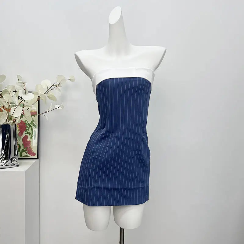 Fishbone Striped Sheath Lapel Tube Top Dress For Women