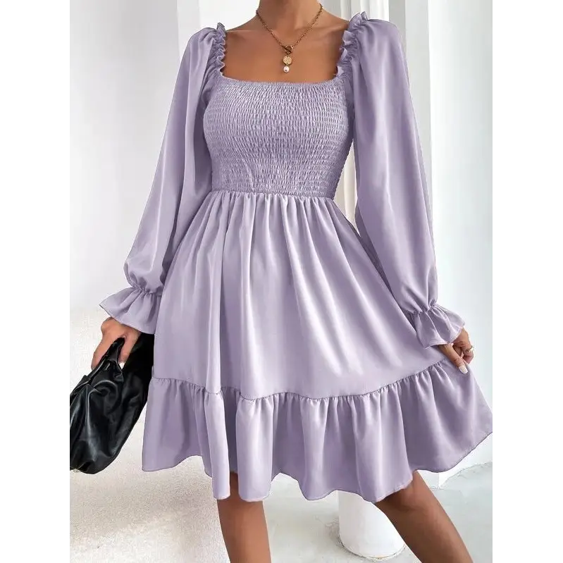 Flared Long Sleeve Dresses Women Square Neck Ruffled Swing Dress - Purple / S - 4