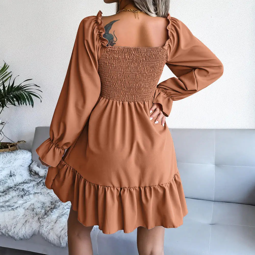 Flared Long Sleeve Dresses Women Square Neck Ruffled Swing Dress - 4