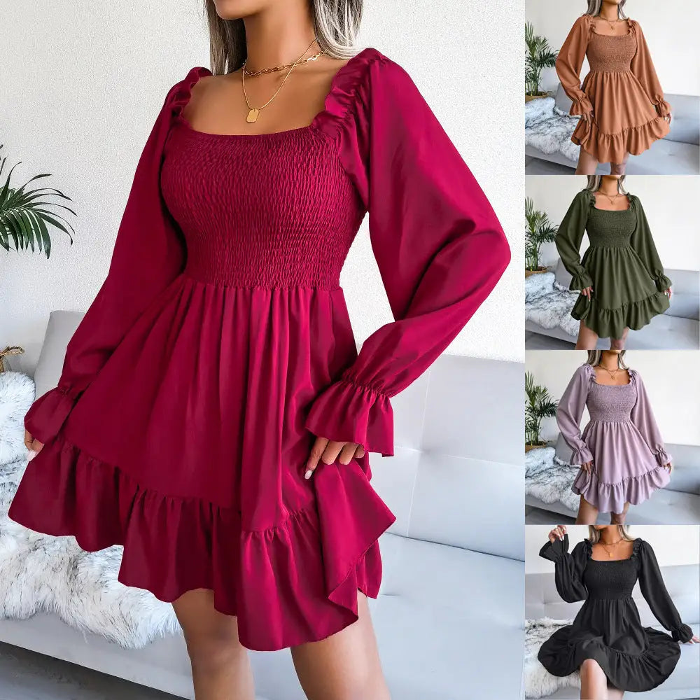 Flared Long Sleeve Dresses Women Square Neck Ruffled Swing Dress - 4