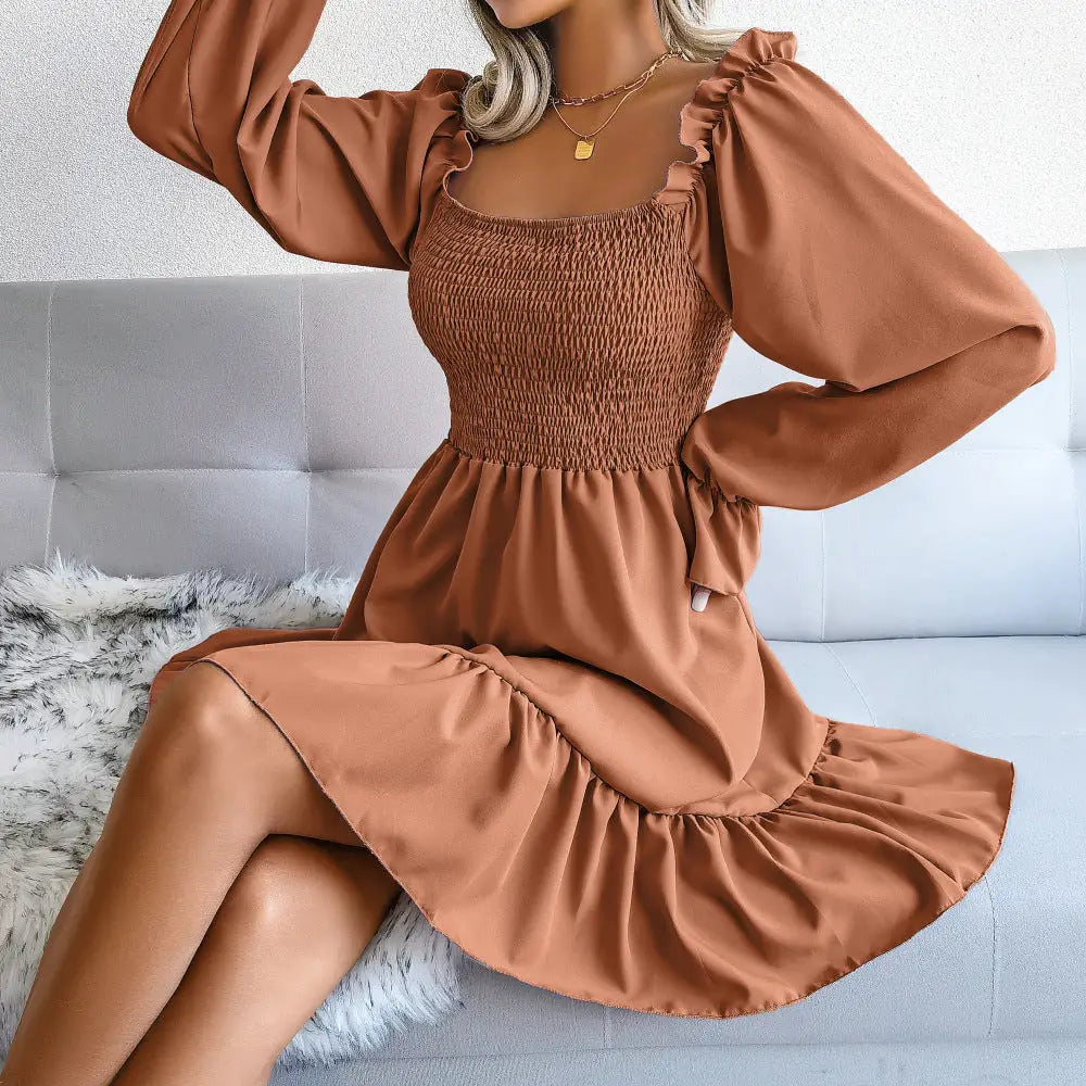 Flared Long Sleeve Dresses Women Square Neck Ruffled Swing Dress - 4