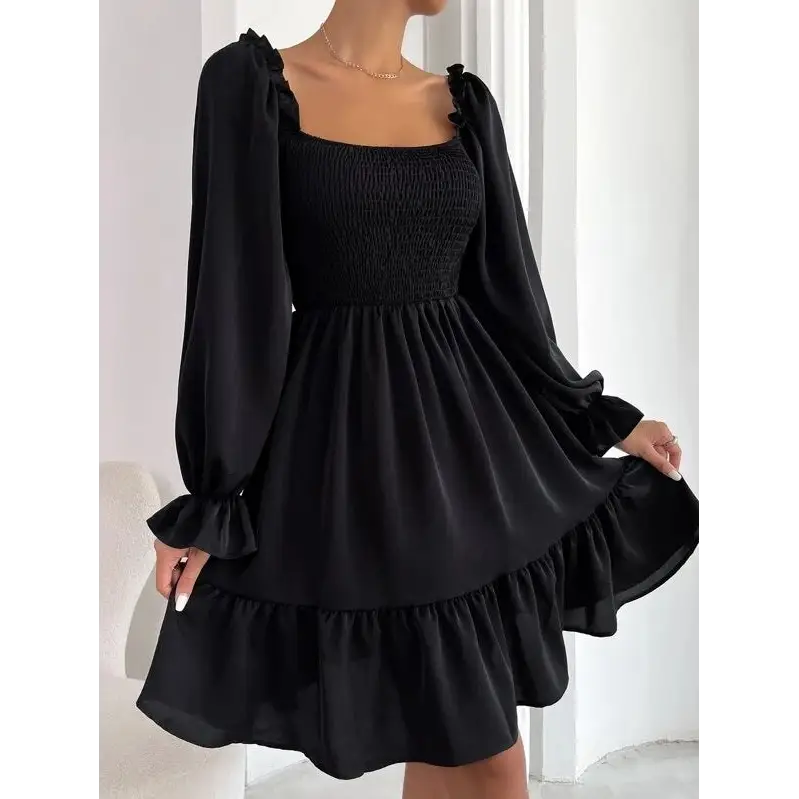 Flared Long Sleeve Dresses Women Square Neck Ruffled Swing Dress - Black / S - 4