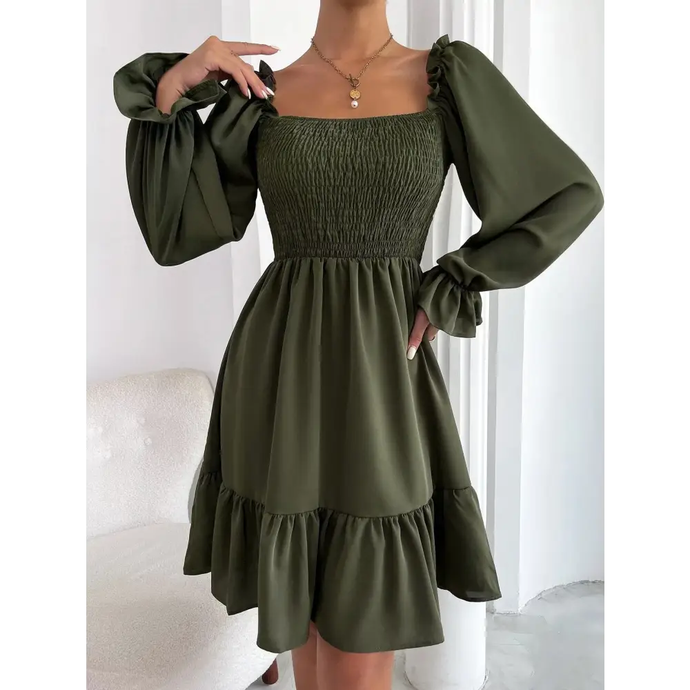 Flared Long Sleeve Dresses Women Square Neck Ruffled Swing Dress - Army Green / S - 4