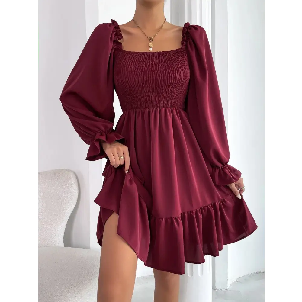 Flared Long Sleeve Dresses Women Square Neck Ruffled Swing Dress - Wine Red / S - 4