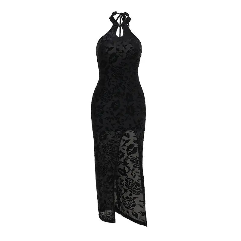 Flock Printing Slit Cheongsam Dress Women