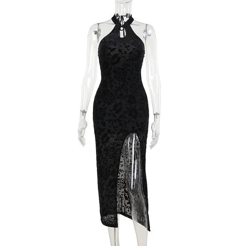 Flock Printing Slit Cheongsam Dress Women - Black / S