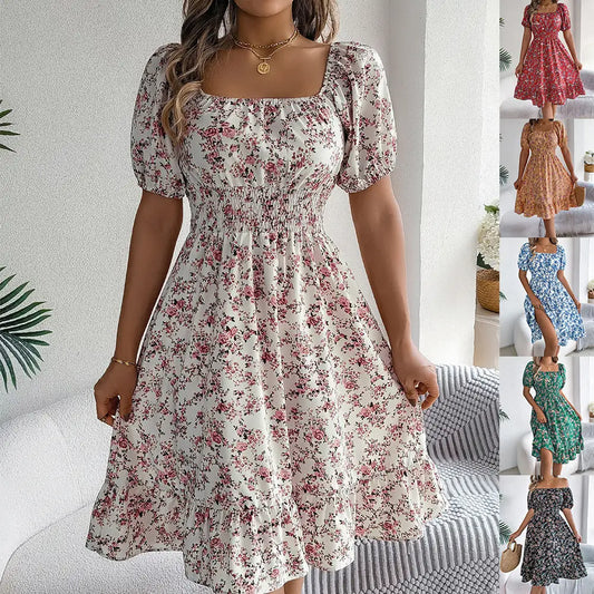 Floral Print Square Collar Dress Summer Fashion Ruffles Dresses Women’s Clothing