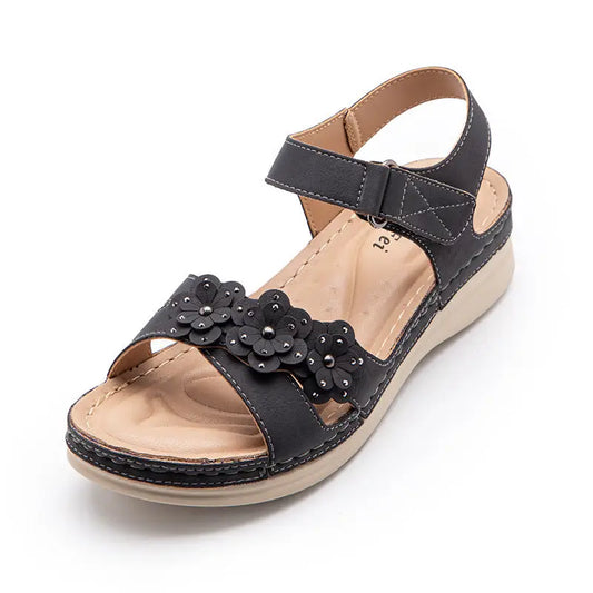 Flower Non-Slip Wedge Heel Plus Size Sandals - Black / 36