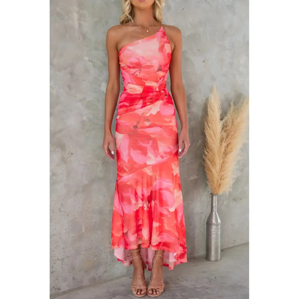 Flowers Print One-shoulder Dress Summer INS Casual Suspender Long Dresses Womens Clothing Beyond Trends Hub