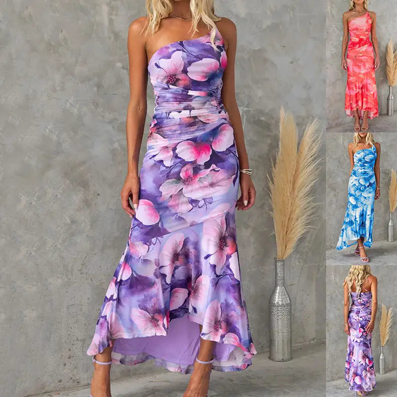Flowers Print One-shoulder Dress Summer INS Casual Suspender Long Dresses Womens Clothing Beyond Trends Hub