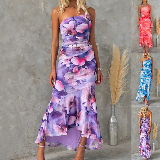 Flowers Print One-shoulder Dress Summer INS Casual Suspender Long Dresses Womens Clothing Beyond Trends Hub