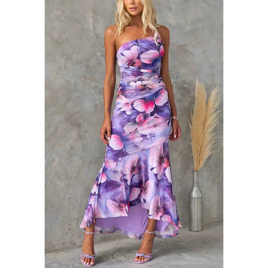 Flowers Print One-shoulder Dress Summer INS Casual Suspender Long Dresses Womens Clothing Beyond Trends Hub
