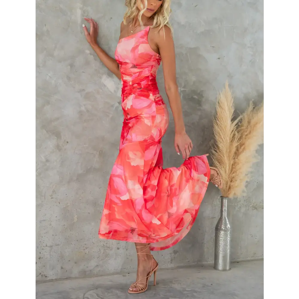 Flowers Print One-shoulder Dress Summer INS Casual Suspender Long Dresses Womens Clothing Beyond Trends Hub