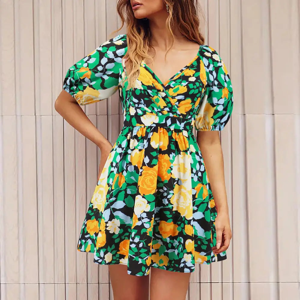 Flowers Print V-Neck Lantern-sleeve Dress Y2K Summer Vacation Beach Short Dresses Fashion Womens Clothing - Beyond Trends Hub 