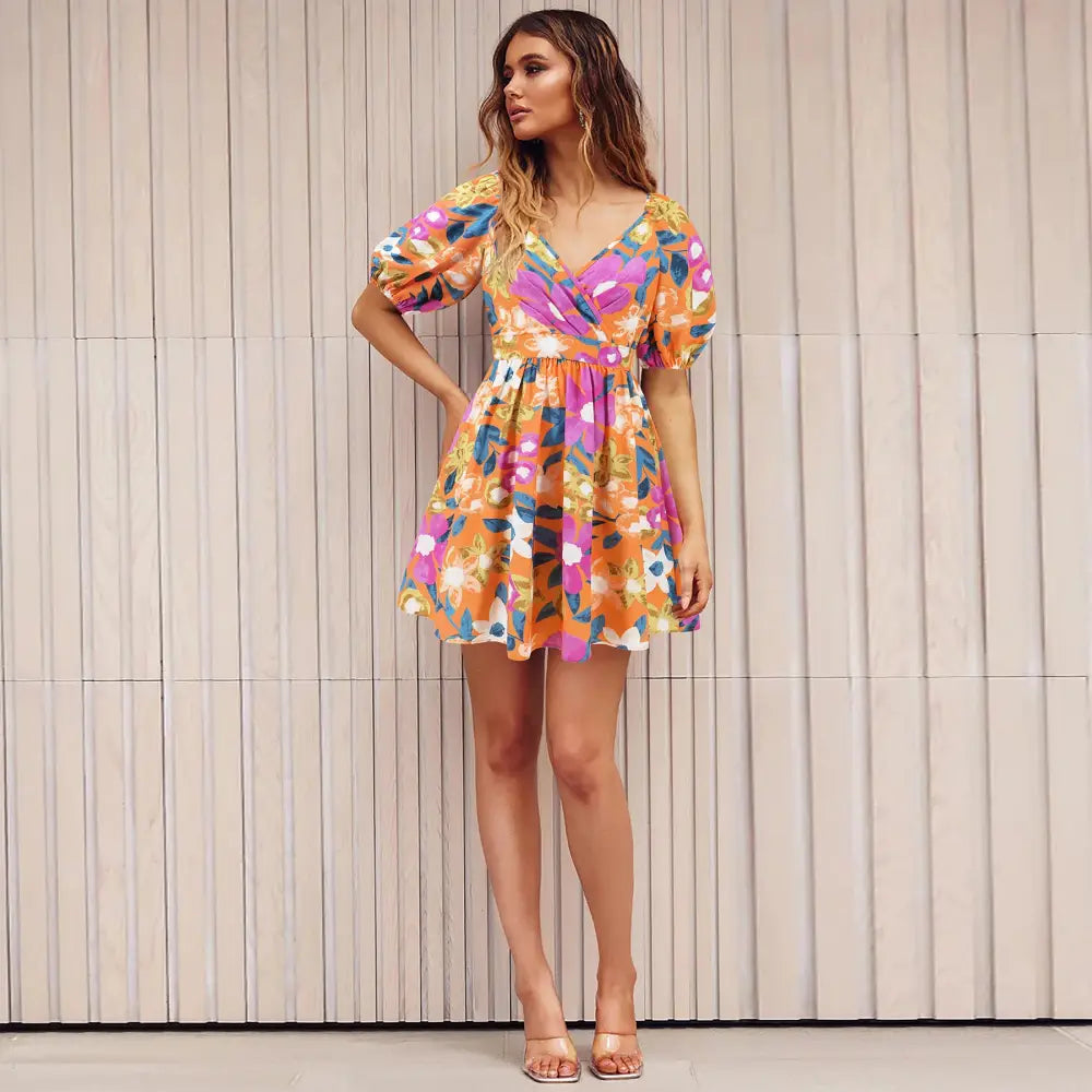 Flowers Print V-Neck Lantern-sleeve Dress Y2K Summer Vacation Beach Short Dresses Fashion Womens Clothing - Beyond Trends Hub 