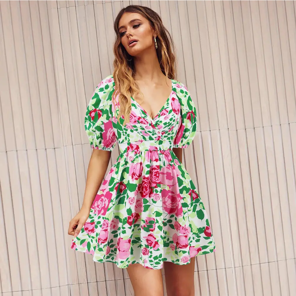 Flowers Print V-Neck Lantern-sleeve Dress Y2K Summer Vacation Beach Short Dresses Fashion Womens Clothing - Beyond Trends Hub 