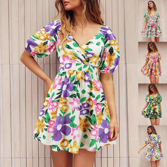 Flowers Print V-Neck Lantern-sleeve Dress Y2K Summer Vacation Beach Short Dresses Fashion Womens Clothing - Beyond Trends Hub 