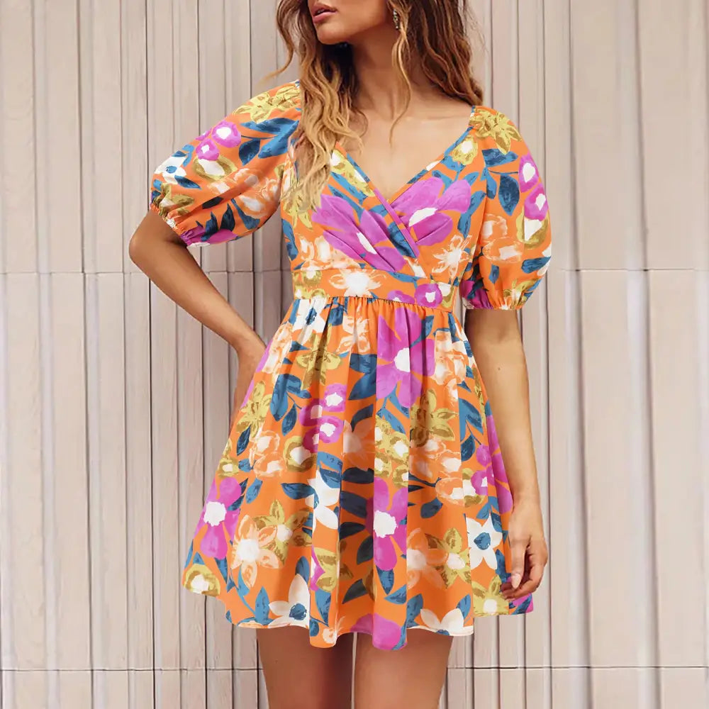 Flowers Print V-Neck Lantern-sleeve Dress Y2K Summer Vacation Beach Short Dresses Fashion Womens Clothing - Beyond Trends Hub 
