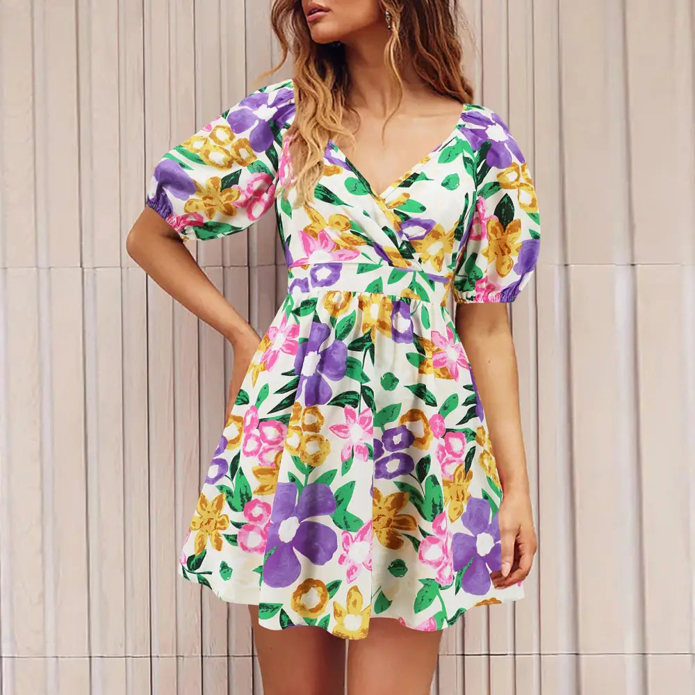 Flowers Print V-Neck Lantern-sleeve Dress Y2K Summer Vacation Beach Short Dresses Fashion Womens Clothing - Beyond Trends Hub 