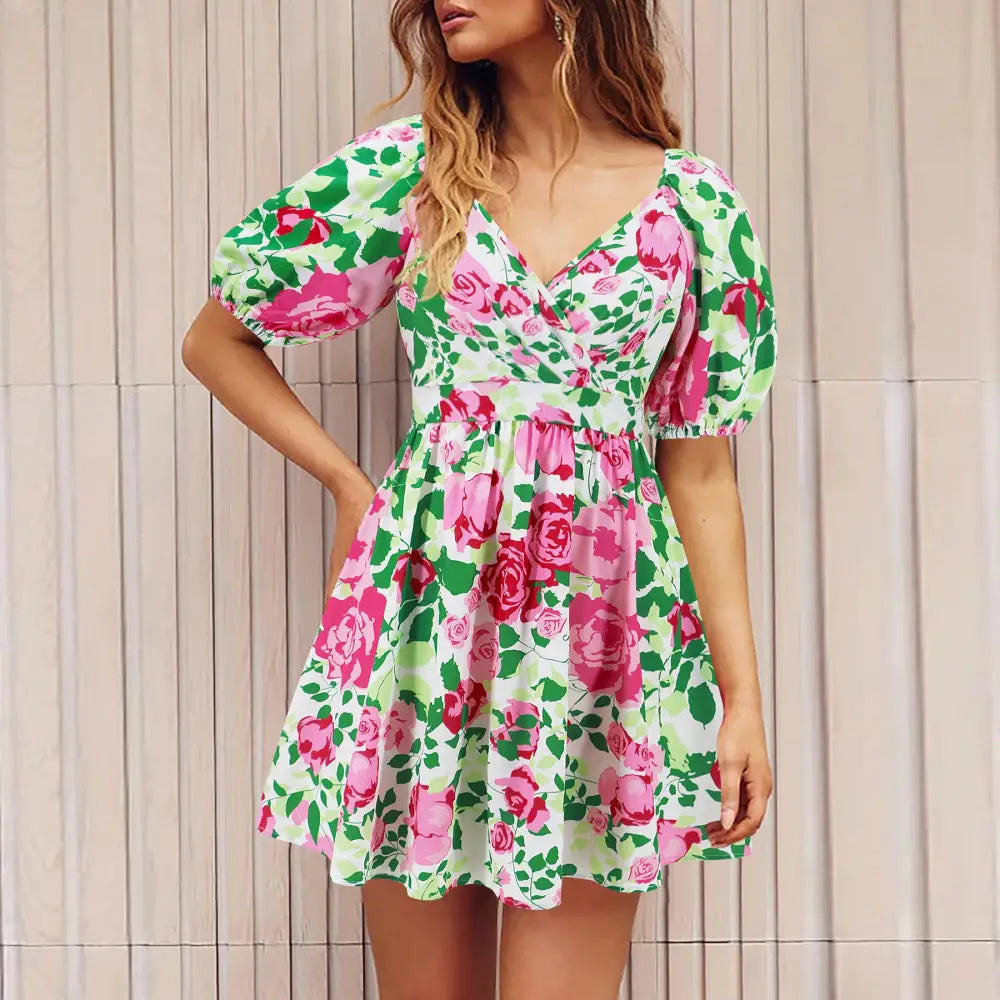 Flowers Print V-Neck Lantern-sleeve Dress Y2K Summer Vacation Beach Short Dresses Fashion Womens Clothing - Beyond Trends Hub 