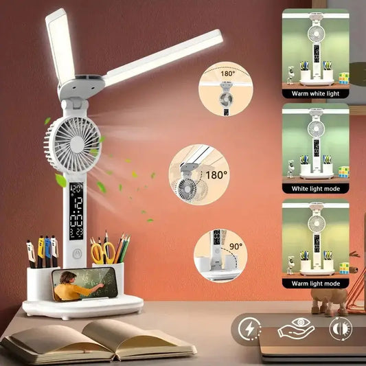 Foldable LED Table Light Eye Protection Multifunction Desk Lamp With Thermometer Calendar Fan Pen Holder Study Reading Fan Light - Beyond Trends Hub 
