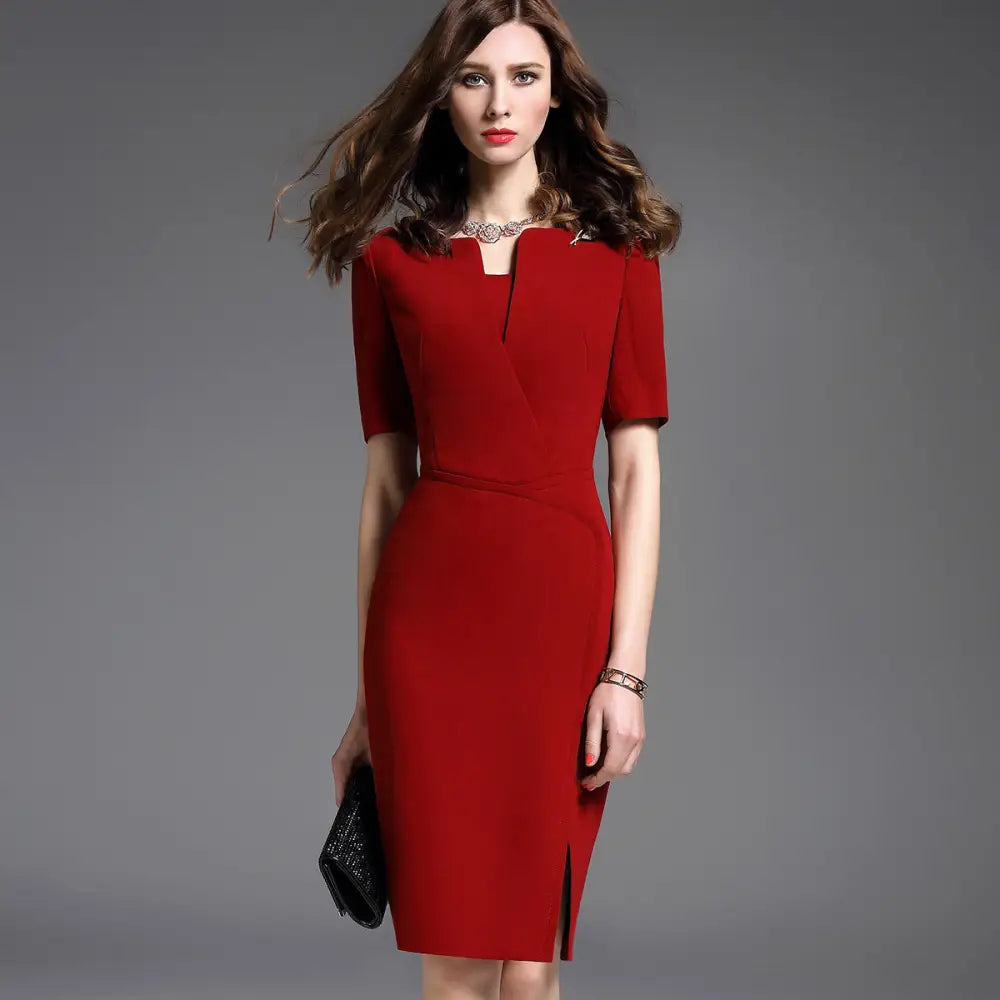 Formal Temperament Elegant And Intellectual Mid-sleeve Red Dress Women - Burgundy fivequarter sleeves / XS