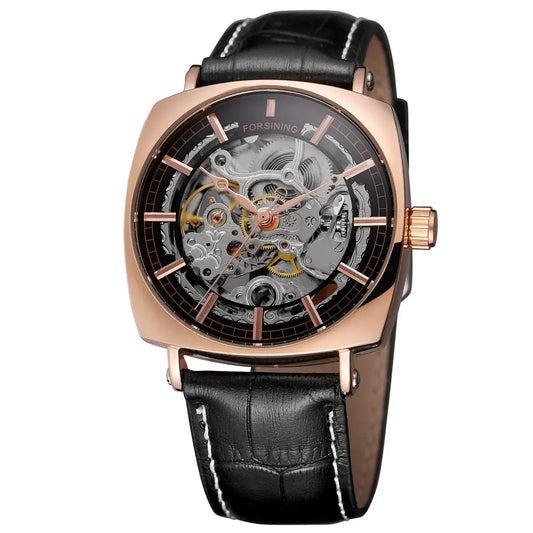 Forsining Black Genuine Leather Fashion Royal Luxury Gold Clock Transparent Skeleton Men Automatic Mechanical Watches Top Brand - Beyond Trends Hub 