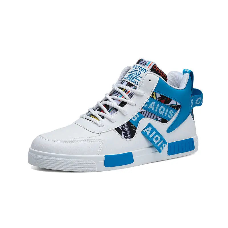 Four Seasons New Men’s Casual Shoes Fashionable Outdoor Sports Shoes Trendy High Top Board Shoes - White Blue / 38