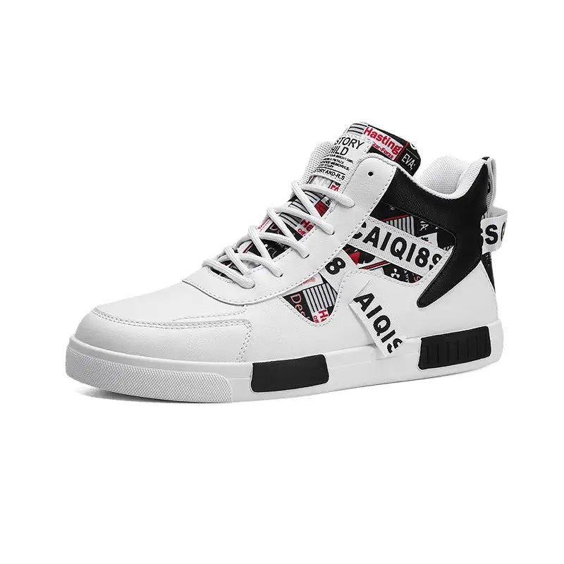 Four Seasons New Men’s Casual Shoes Fashionable Outdoor Sports Shoes Trendy High Top Board Shoes - White Black / 38
