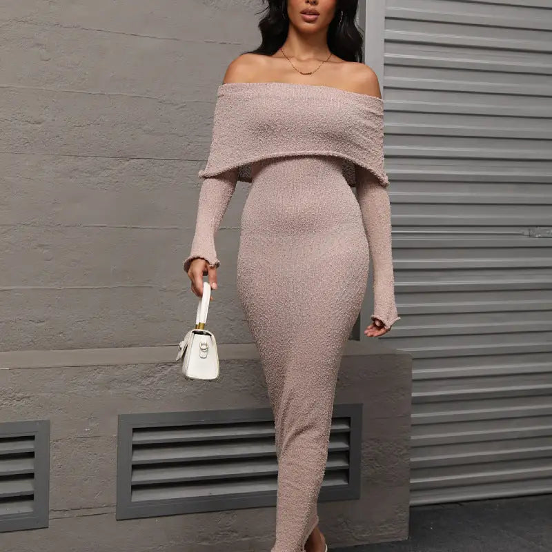French-style One-shoulder Knitted Dress Fashion Party Beach Long-sleeved Long Dresses Fall Wainter Women's Clothing Beyond Trends Hub
