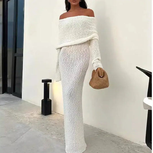 French-style One-shoulder Knitted Dress Fashion Party Beach Long-sleeved Long Dresses Fall Wainter Women's Clothing Beyond Trends Hub