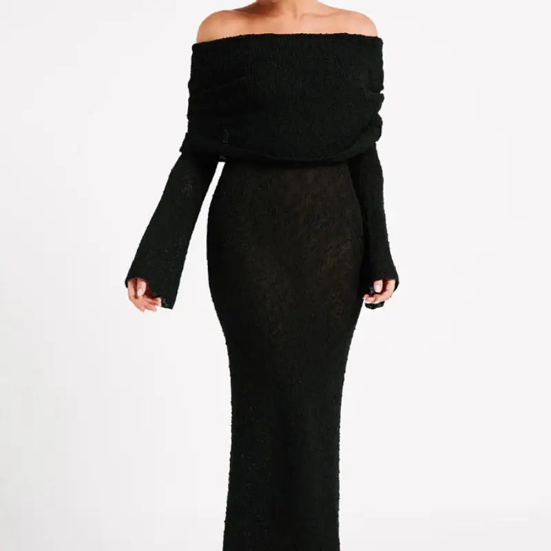 French-style One-shoulder Knitted Dress Fashion Party Beach Long-sleeved Long Dresses Fall Wainter Women's Clothing Beyond Trends Hub