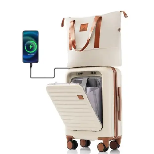 Front Opening 20 Inch Carry On Luggage With Expandable Travel Bag Set - Beige - 5
