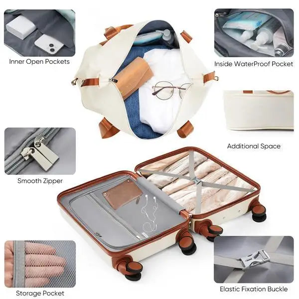 Front Opening 20 Inch Carry On Luggage With Expandable Travel Bag Set - Beige - 5