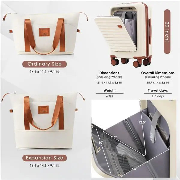 Front Opening 20 Inch Carry On Luggage With Expandable Travel Bag Set - Beige - 5