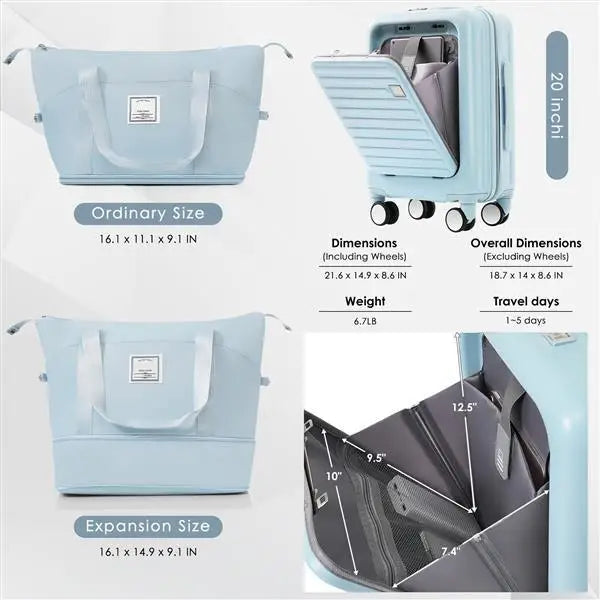 Front Opening 20 Inch Carry On Luggage With Expandable Travel Bag Set - Light blue - 5