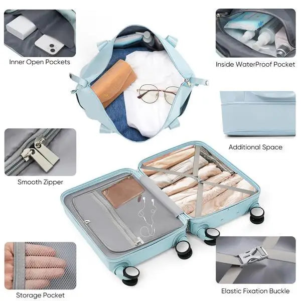 Front Opening 20 Inch Carry On Luggage With Expandable Travel Bag Set - Light blue - 5
