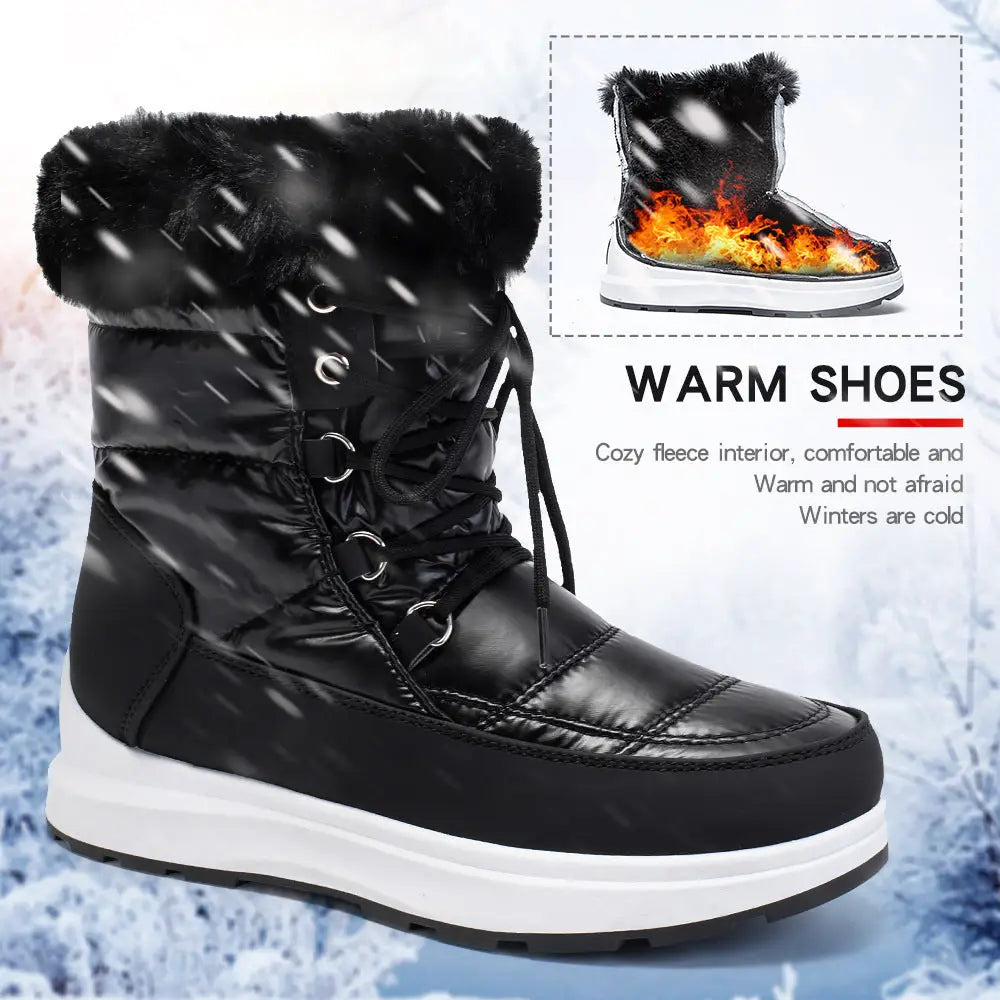 Fur Collar High Tube Warm Women's Snow Boots Lace-up Waterproof Shoes Beyond Trends Hub
