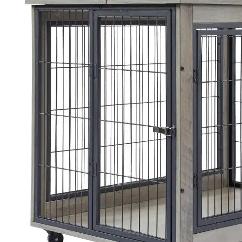 Furniture Style Dog Cage Side Table With Wheels With Double Doors And A Raised Top. Grey - Grey - 5