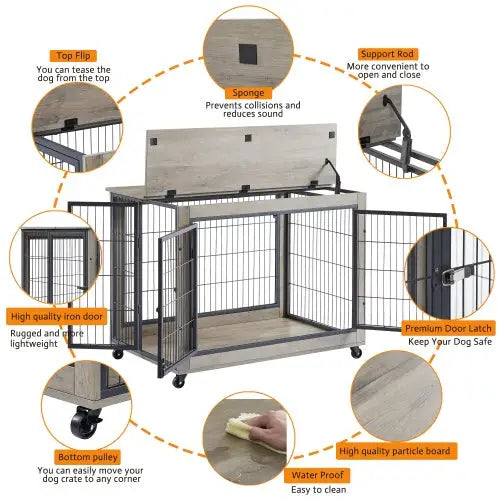 Furniture Style Dog Cage Side Table With Wheels With Double Doors And A Raised Top. Grey - Grey - 5