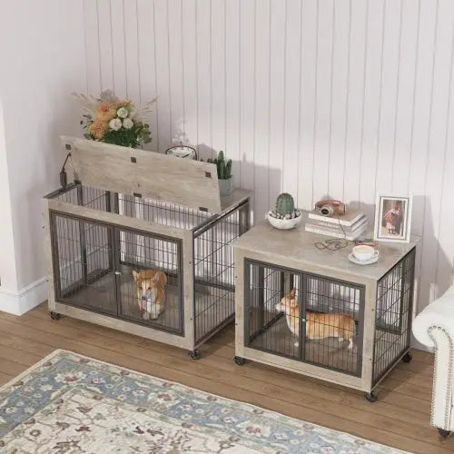 Furniture Style Dog Cage Side Table With Wheels With Double Doors And A Raised Top. Grey - Grey - 5