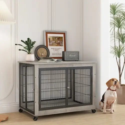 Furniture Style Dog Cage Side Table With Wheels With Double Doors And A Raised Top. Grey - Grey - 5