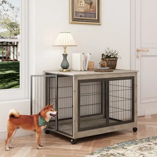 Furniture Style Dog Cage Side Table With Wheels With Double Doors And A Raised Top. Grey - Grey - 5
