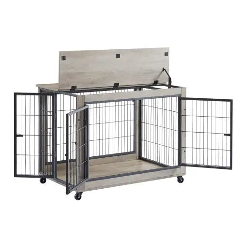 Furniture Style Dog Cage Side Table With Wheels With Double Doors And A Raised Top. Grey - Grey - 5
