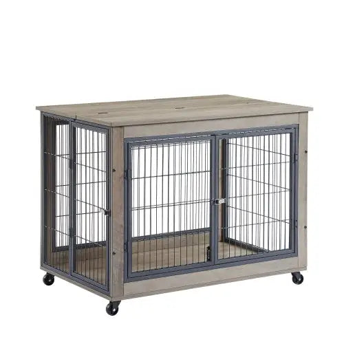Furniture Style Dog Cage Side Table With Wheels With Double Doors And A Raised Top. Grey - Grey - 5