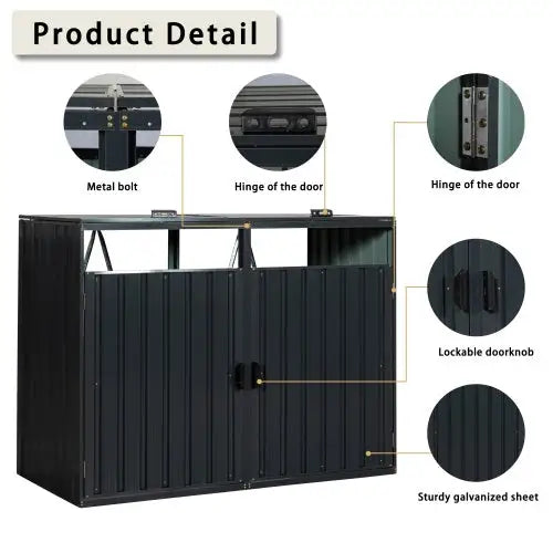 Garbage Bin Shed Stores 2 Trash Cans Metal Outdoor Bin Shed For Garbage Storage,Stainless Galvanized Steel Bin Shed