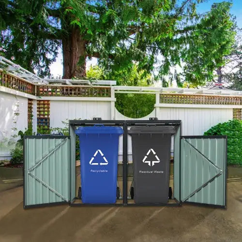 Garbage Bin Shed Stores 2 Trash Cans Metal Outdoor Bin Shed For Garbage Storage,Stainless Galvanized Steel Bin Shed